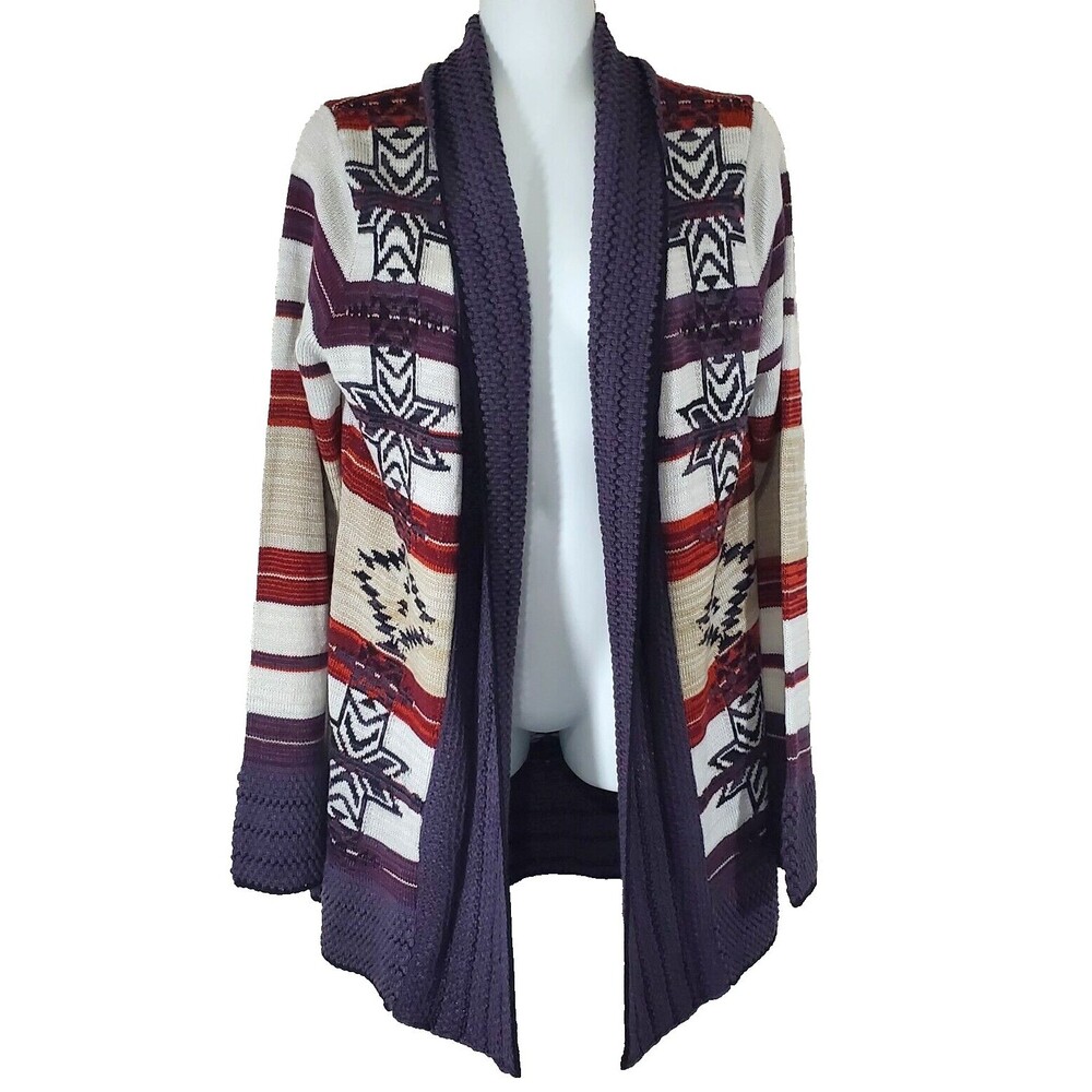 BCBG MaxAzria Sweater Large Multicolor Aztec Cardigan Open Front Southwest